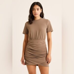NWT Abercrombie & Fitch Taupe Ruched Short Sleeve Mini Dress – Medium Tall